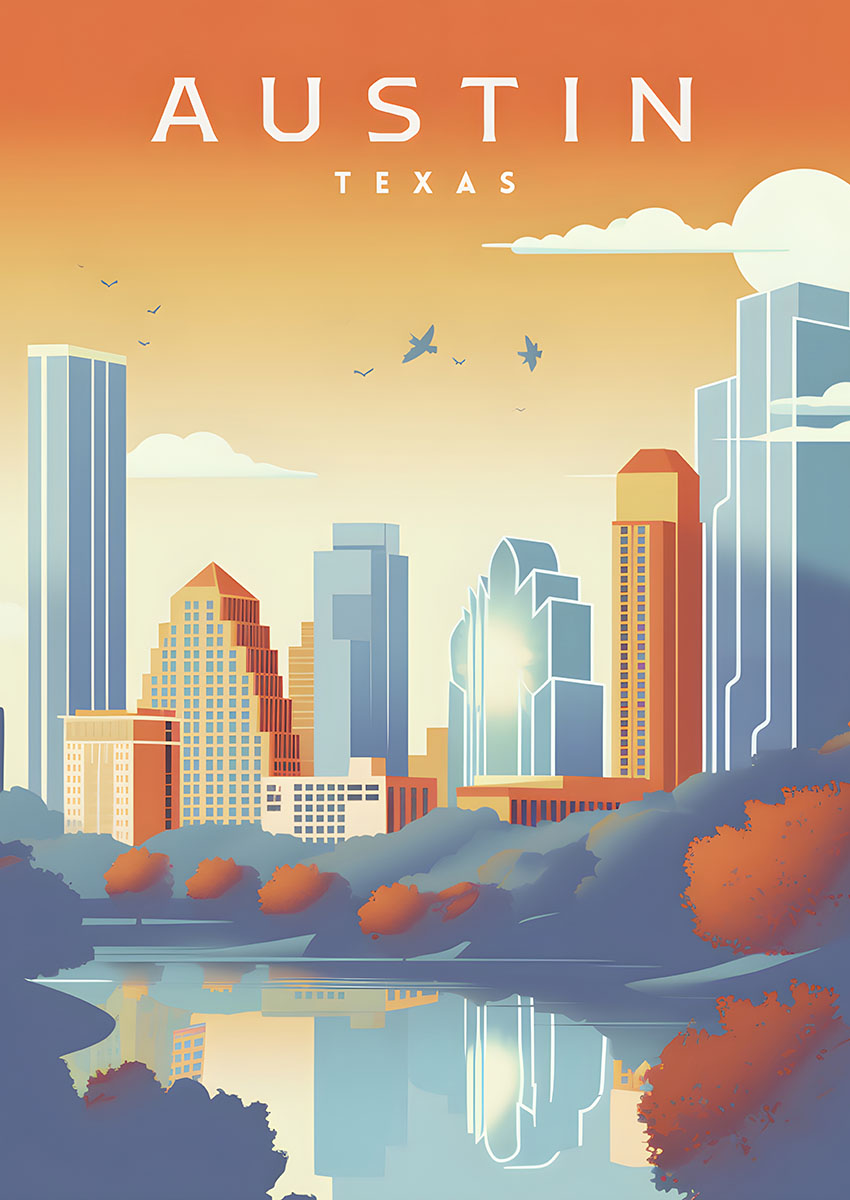 Artwork depicting the Austin Texas cityscape at sunset, with reflections in the water.